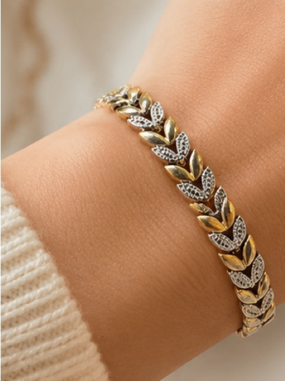 Gold Two-Tone Leaf Link Bracelet - Women Jewelry